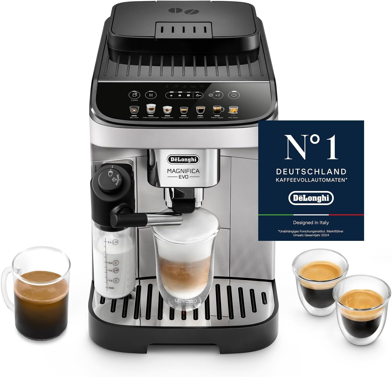 Magnifica Evo ECAM292.81.SB-Kaffeevollautomat mit Vollautomatischem cremigen Milchschaum, 7 One-Touch-Getränke, Cappuccino & Espresso, Kaffeemaschine, Soft-Touch-Bedienfeld, Silber