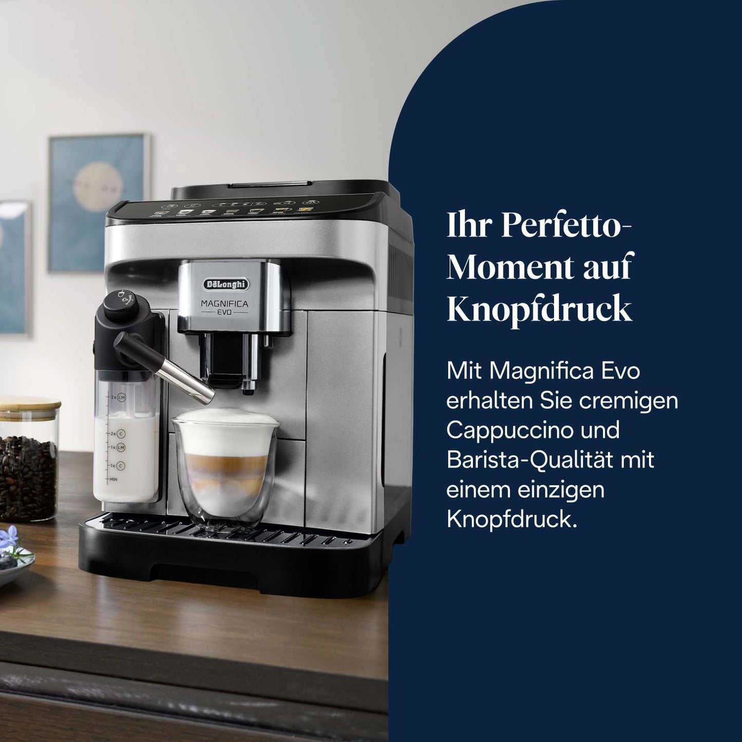 Magnifica Evo ECAM292.81.SB-Kaffeevollautomat mit Vollautomatischem cremigen Milchschaum, 7 One-Touch-Getränke, Cappuccino & Espresso, Kaffeemaschine, Soft-Touch-Bedienfeld, Silber