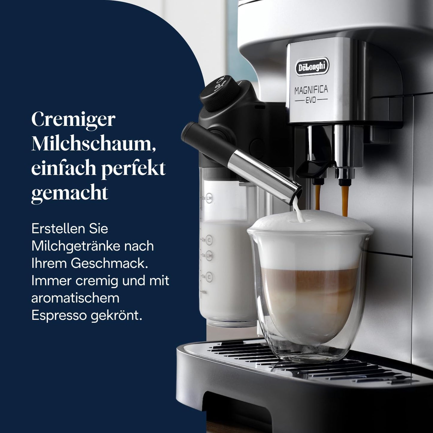 Magnifica Evo ECAM292.81.SB-Kaffeevollautomat mit Vollautomatischem cremigen Milchschaum, 7 One-Touch-Getränke, Cappuccino & Espresso, Kaffeemaschine, Soft-Touch-Bedienfeld, Silber