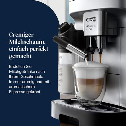 Magnifica Evo ECAM292.81.SB-Kaffeevollautomat mit Vollautomatischem cremigen Milchschaum, 7 One-Touch-Getränke, Cappuccino & Espresso, Kaffeemaschine, Soft-Touch-Bedienfeld, Silber