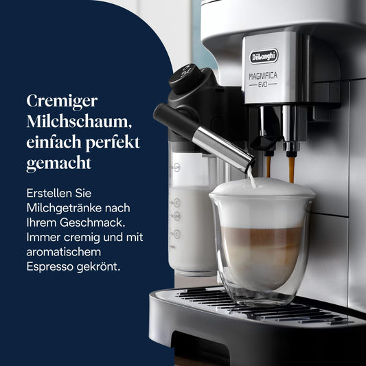 De’Longhi Magnifica Evo ECAM292.81.SB-Kaffeevollautomat mit Vollautomatischem cremigen Milchschaum, 7 One-Touch-Getränke, Cappuccino & Espresso, Kaffeemaschine, Soft-Touch-Bedienfeld, Silber