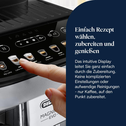 Magnifica Evo ECAM292.81.SB-Kaffeevollautomat mit Vollautomatischem cremigen Milchschaum, 7 One-Touch-Getränke, Cappuccino & Espresso, Kaffeemaschine, Soft-Touch-Bedienfeld, Silber