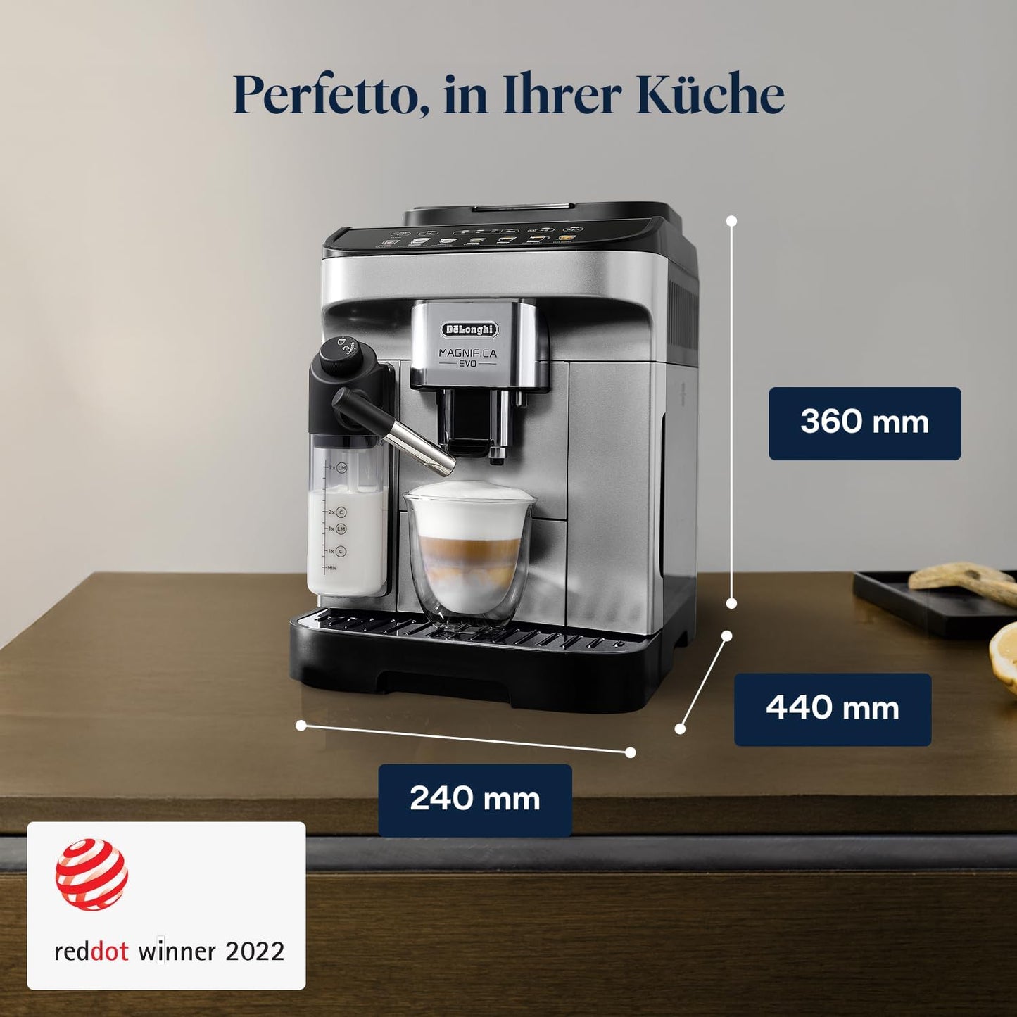 Magnifica Evo ECAM292.81.SB-Kaffeevollautomat mit Vollautomatischem cremigen Milchschaum, 7 One-Touch-Getränke, Cappuccino & Espresso, Kaffeemaschine, Soft-Touch-Bedienfeld, Silber